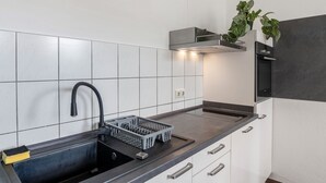 A modern kitchen with a stainless steel sink, a dish rack, and a potted plant. - [G2] Apartment for 6 People (75m²) in Gera (Gera)