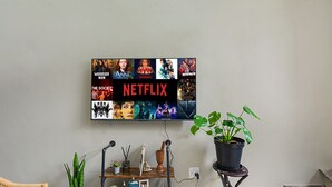 A wall-mounted TV displaying Netflix content, a potted plant, a small wooden shelf with books and decorative items, and a chair. - Lofthaus Rosebank: walk to mall, safe & central. Family friendly 2BR with WIFI (Johannesburg)