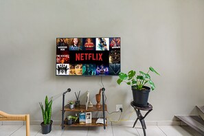 Ein an der Wand befestigter Fernseher zeigt Netflix-Inhalte, eine Zimmerpflanze, eine kleine Holzablage mit Büchern und Dekorationsgegenständen sowie ein Sessel.
