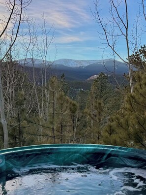 Outdoor spa tub - Quiet Moose Cabin: 2-bedroom cabin, Mountain views, Hot tub for cozy getaway (Bailey)