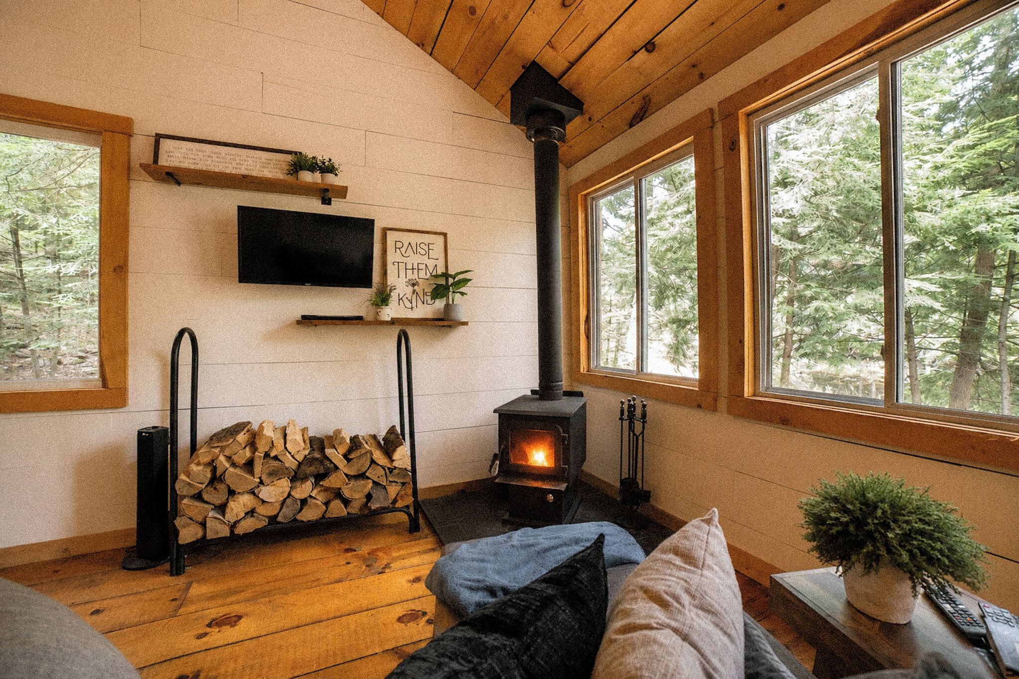 A cozy cabin interior with a fireplace, wooden walls, a TV mounted on the wall, and large windows overlooking a forest.