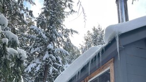 A cabin with large windows, surrounded by snow-covered trees. - Henrys cabin on the river (Northbrook)