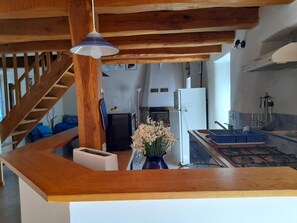 A kitchen with a gas stove, a white refrigerator, and a blue sink. - Gîte Barbude 2/4 persons (GABRIAC)