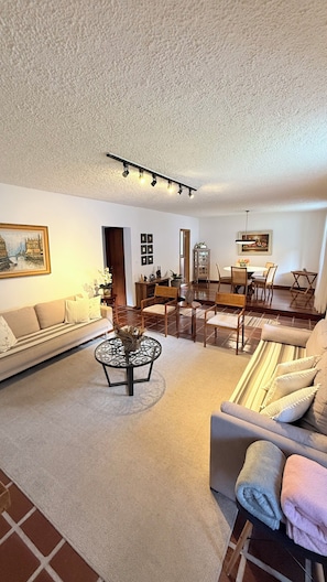 A living room with a sofa, a coffee table, a dining area with chairs and a table, and a ceiling light fixture.
