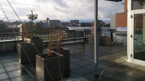 Terraza en la azotea con plantas en macetas, una parrilla y vistas de la ciudad.