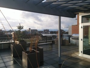 A rooftop terrace with potted plants, a grill, and a view of the cityscape. - Bright waterfront condo in the heart of Victoria (Victoria)