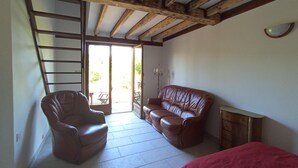 Une pièce avec un plafond en bois, une porte-fenêtre coulissante donnant sur l’extérieur, un fauteuil en cuir marron, un canapé et une petite table.