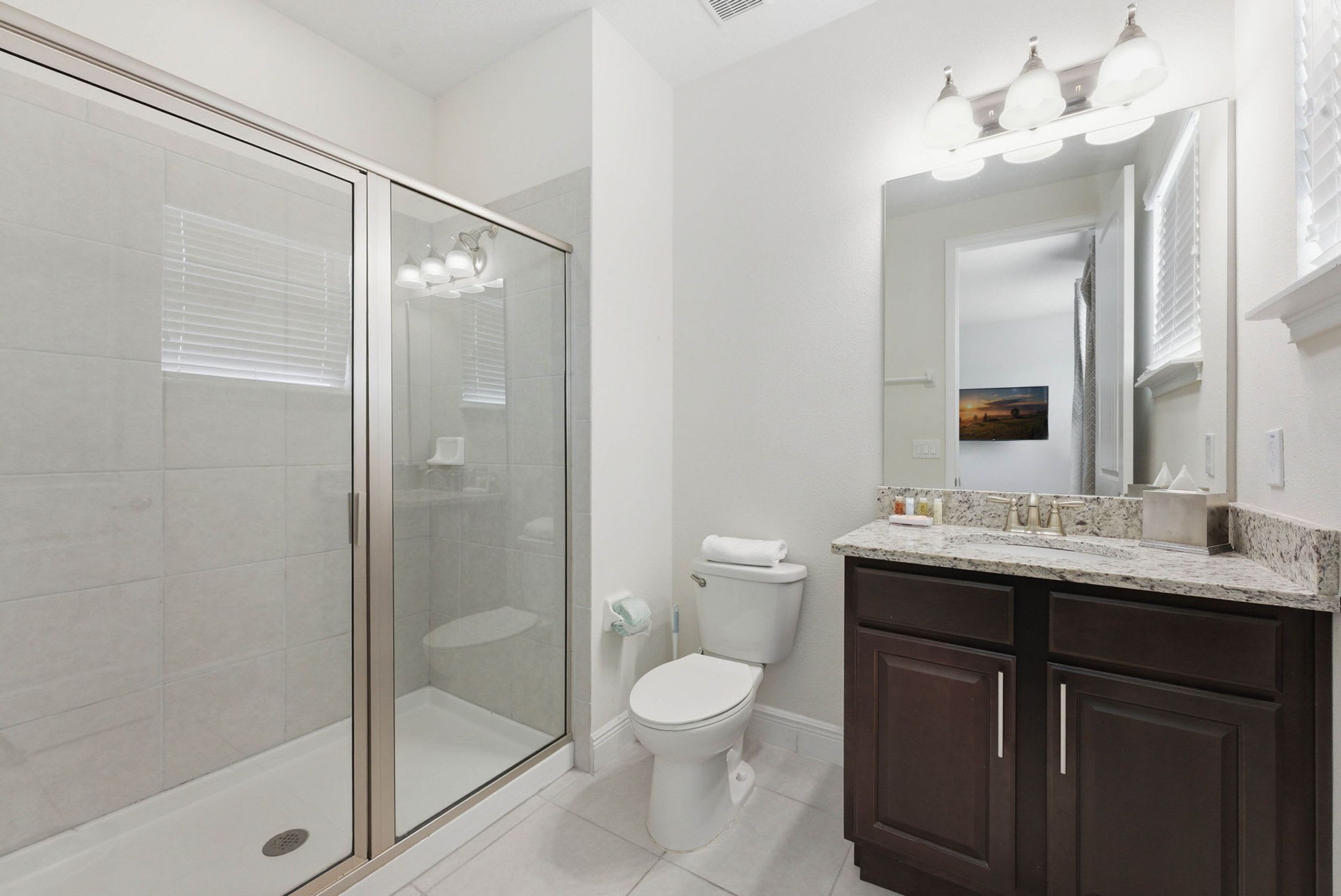 A bathroom with a glass shower enclosure, a toilet, and a vanity with a mirror and lights.