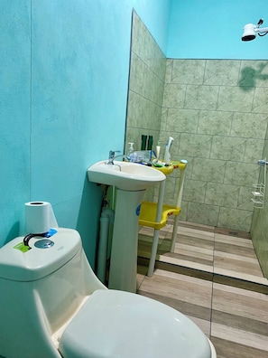 Een douche, handdoeken, toiletpapier