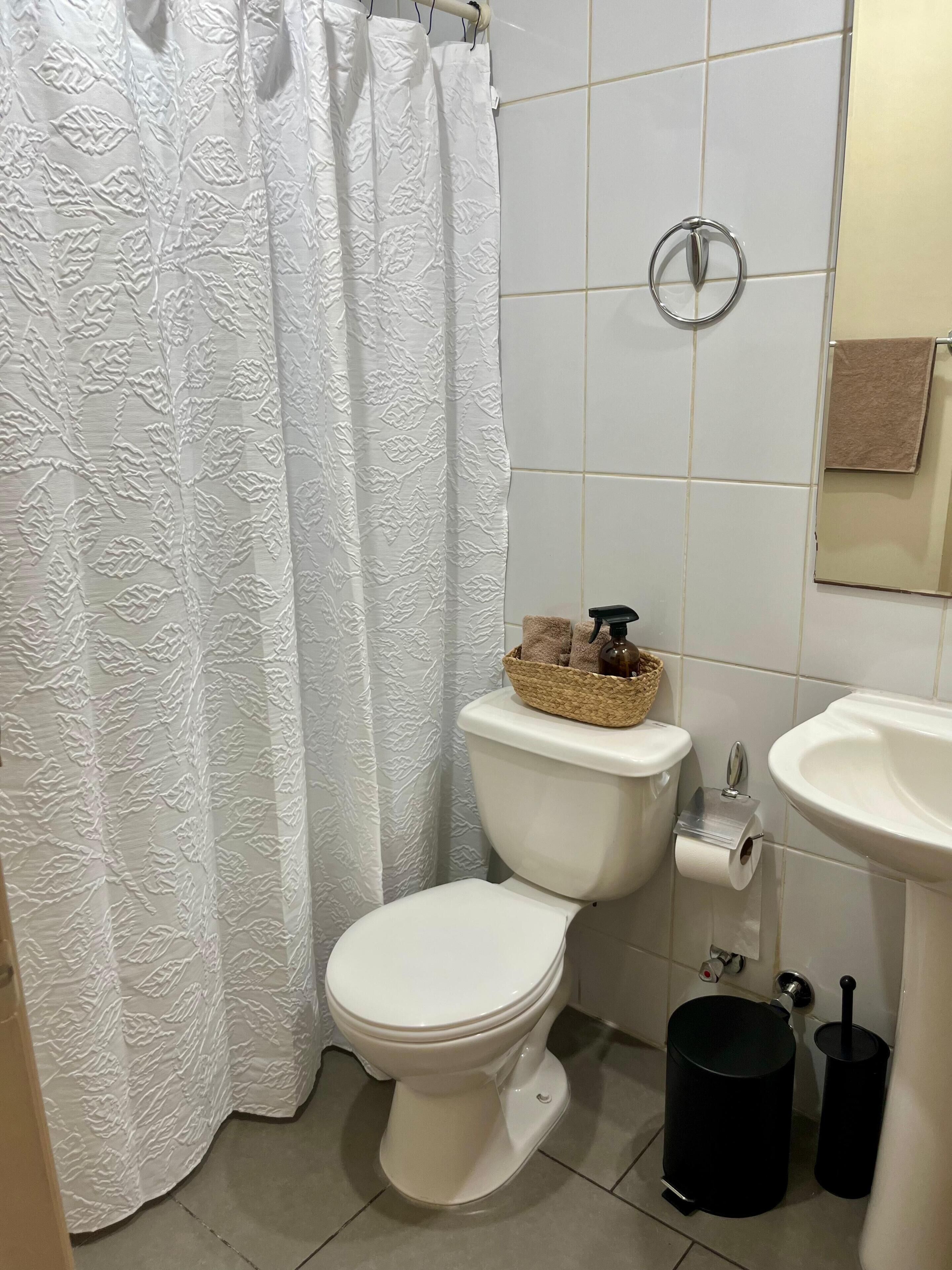 Hair dryer, towels, soap, toilet paper
