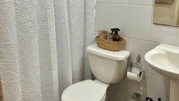 Hair dryer, towels, soap, toilet paper