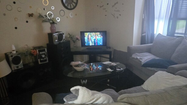 Sala de estar com televisão, sofá, mesa de centro e detalhes decorativos na parede.