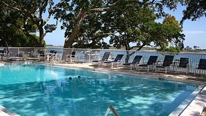 Une piscine avec des chaises longues, une clôture en métal et des arbres en arrière-plan.