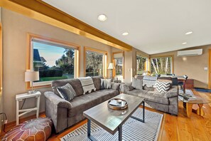 Smart TV, fireplace, books, stereo