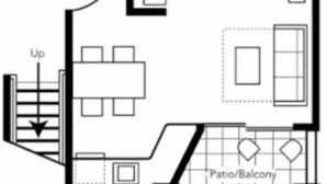 Grundriss mit Eingang, Abstellraum, Badezimmer, Terrasse/Balkon und Essbereich.