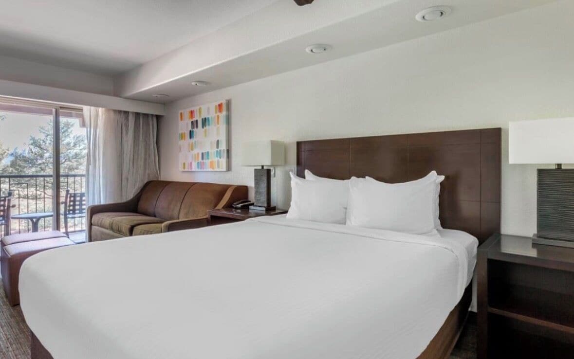 A hotel room with a large bed, a sofa, a desk with a lamp, and a view of the outdoors.