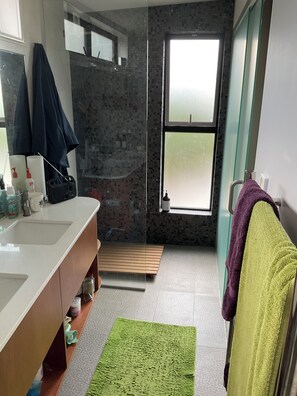 Shower, hair dryer, towels, soap - Architectural 2-bedroom house West Auckland - Lower Titirangi - Air Cool & Heat (Auckland)