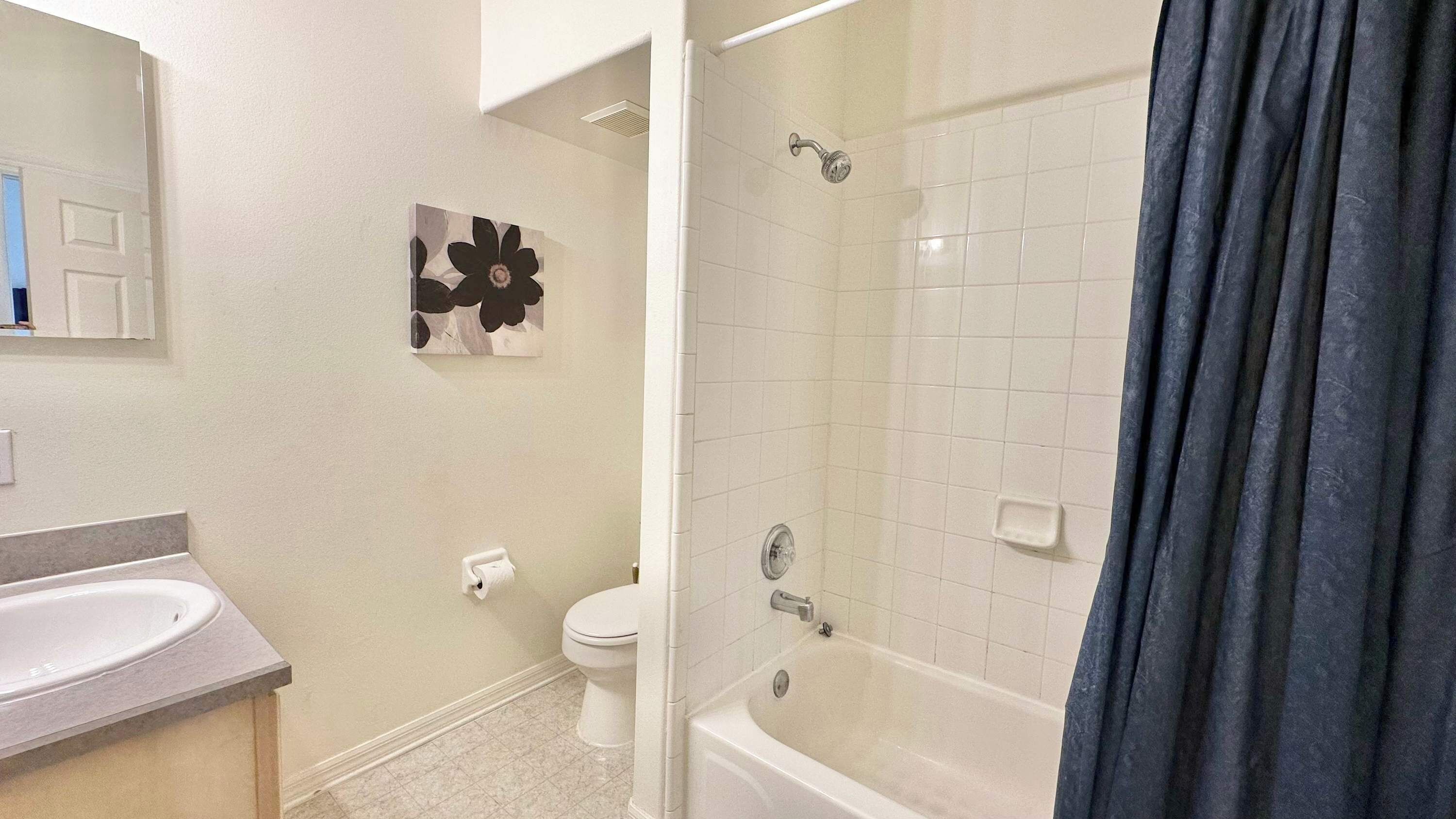 A bathroom with a sink, toilet, shower, and a mirror.