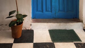 A blue door with a bell, a potted plant, and a sign reading 'TOQUE LA CAMPANA'.