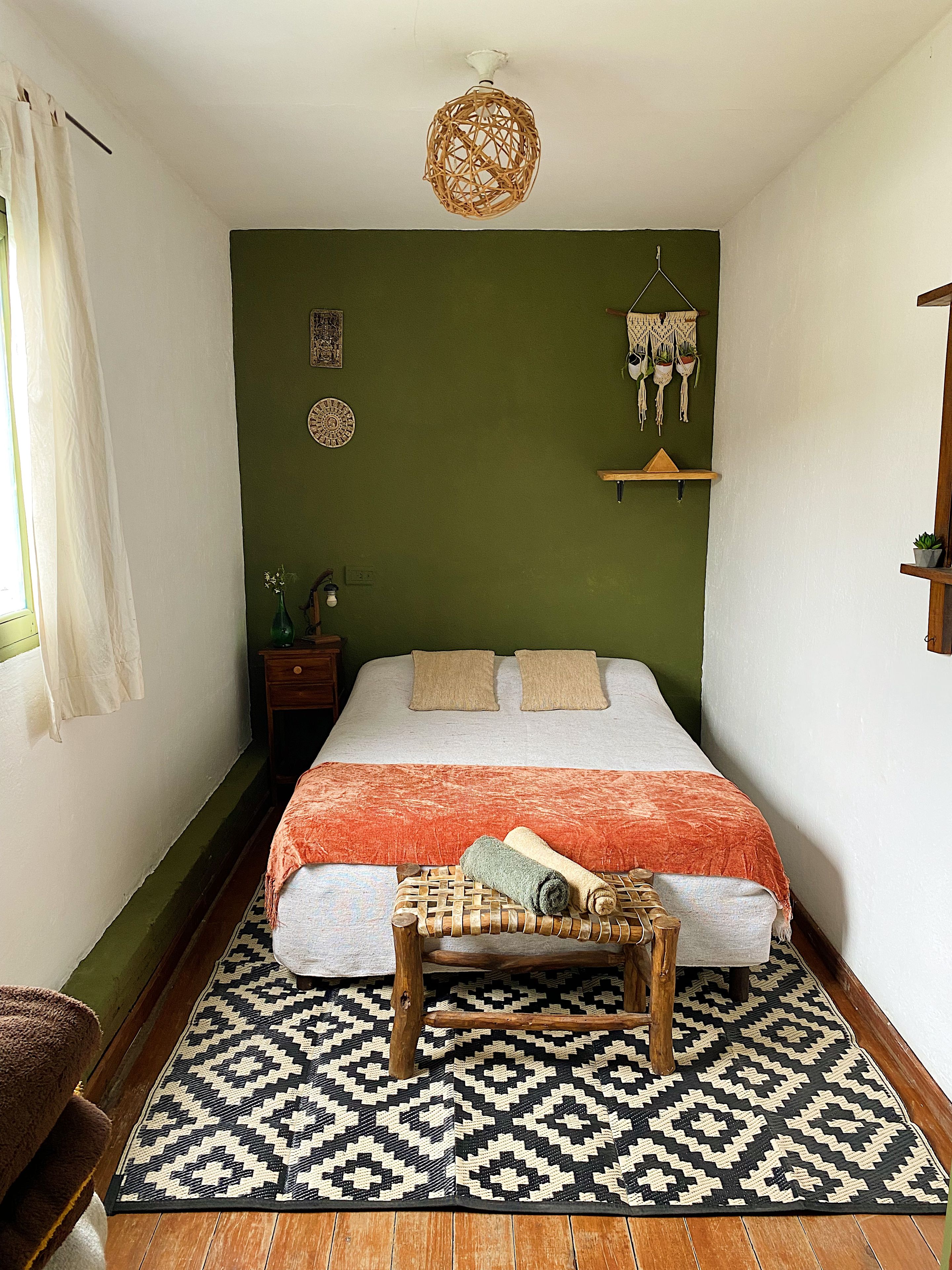 Un dormitorio con una cama, una lámpara colgante, un estante con plantas en la pared y una alfombra estampada.