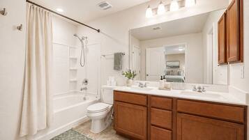 Hair dryer, towels, soap, toilet paper