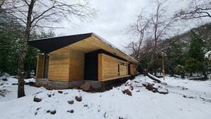 Una cabana de fusta amb teulat inclinat, en un bosc cobert de neu.