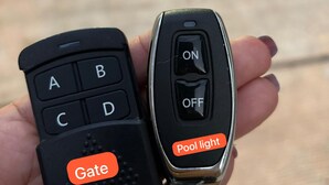 Two remote controls, one with a 'Gate' button and the other with 'ON' and 'OFF' buttons and a 'Pool light' button.