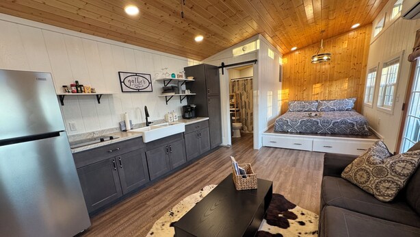 A modern kitchen with a refrigerator, dark cabinets, and a cowhide rug. - Freedom-Cabin-1 @ Eagle Hollow (Goreville)
