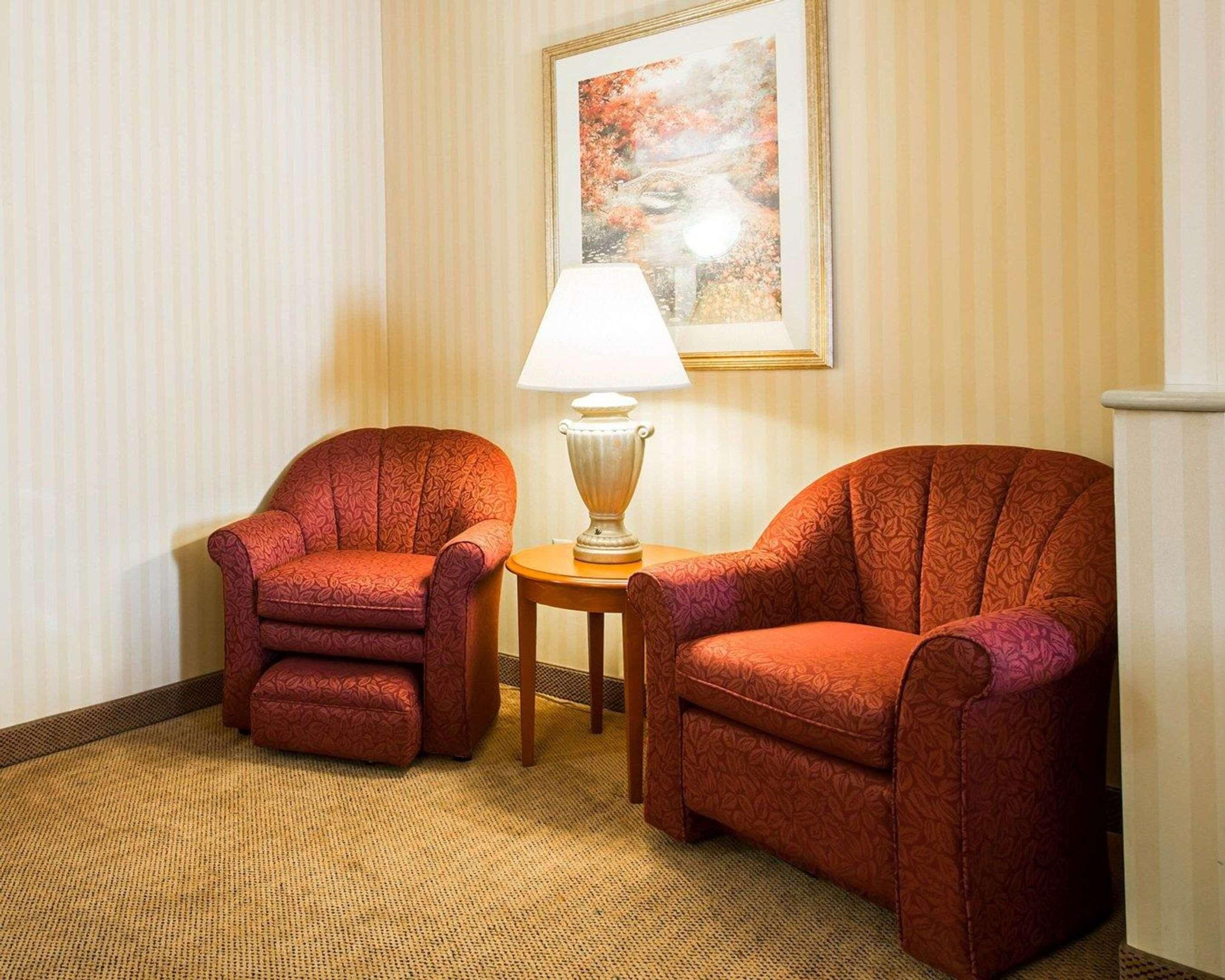Une pièce comprenant deux fauteuils à motifs, une petite table avec une lampe et un tableau encadré accroché au mur.