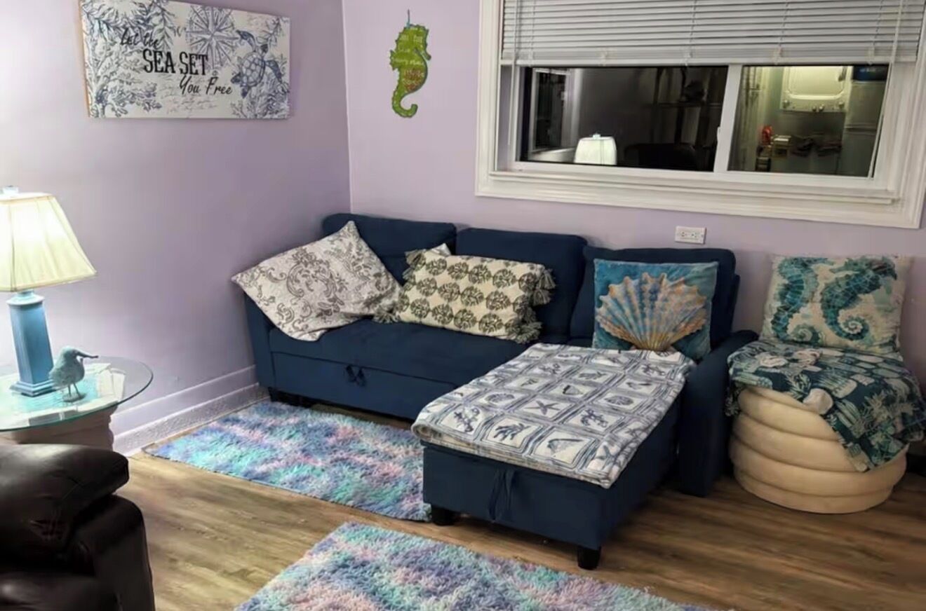 A living room with a sofa, ottoman, and a rug.
