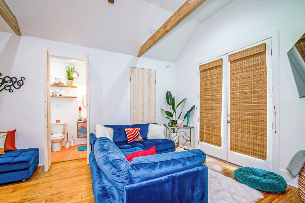 A room with a blue sofa, a white door, and a plant.