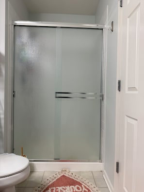 Une salle de bain avec une porte de douche en verre, des toilettes et un tapis.