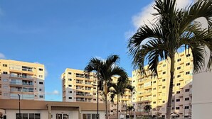 A pathway leading to a building with multiple floors, surrounded by palm trees and yellow flowers. - Apartment Prox.As Aruna and Atalaia beaches and airport 5 minutes from the apartment. (Aracaju)