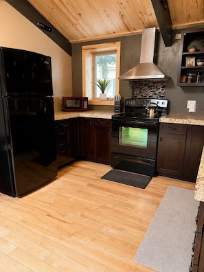 A kitchen with a black refrigerator, microwave, stove, and oven. There is a window with a plant on the counter. - Box Canyon / Downtown Ouray / 2BR / Hot Springs / AC (Ouray)