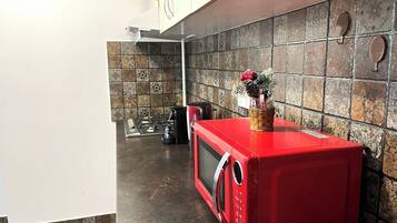 Frigorífico, microondas, horno y placa de cocina