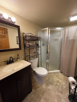 Shower, hair dryer, towels, soap