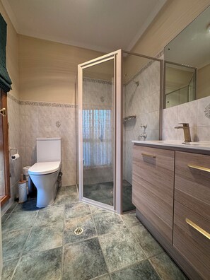 Shower, hair dryer, towels, soap