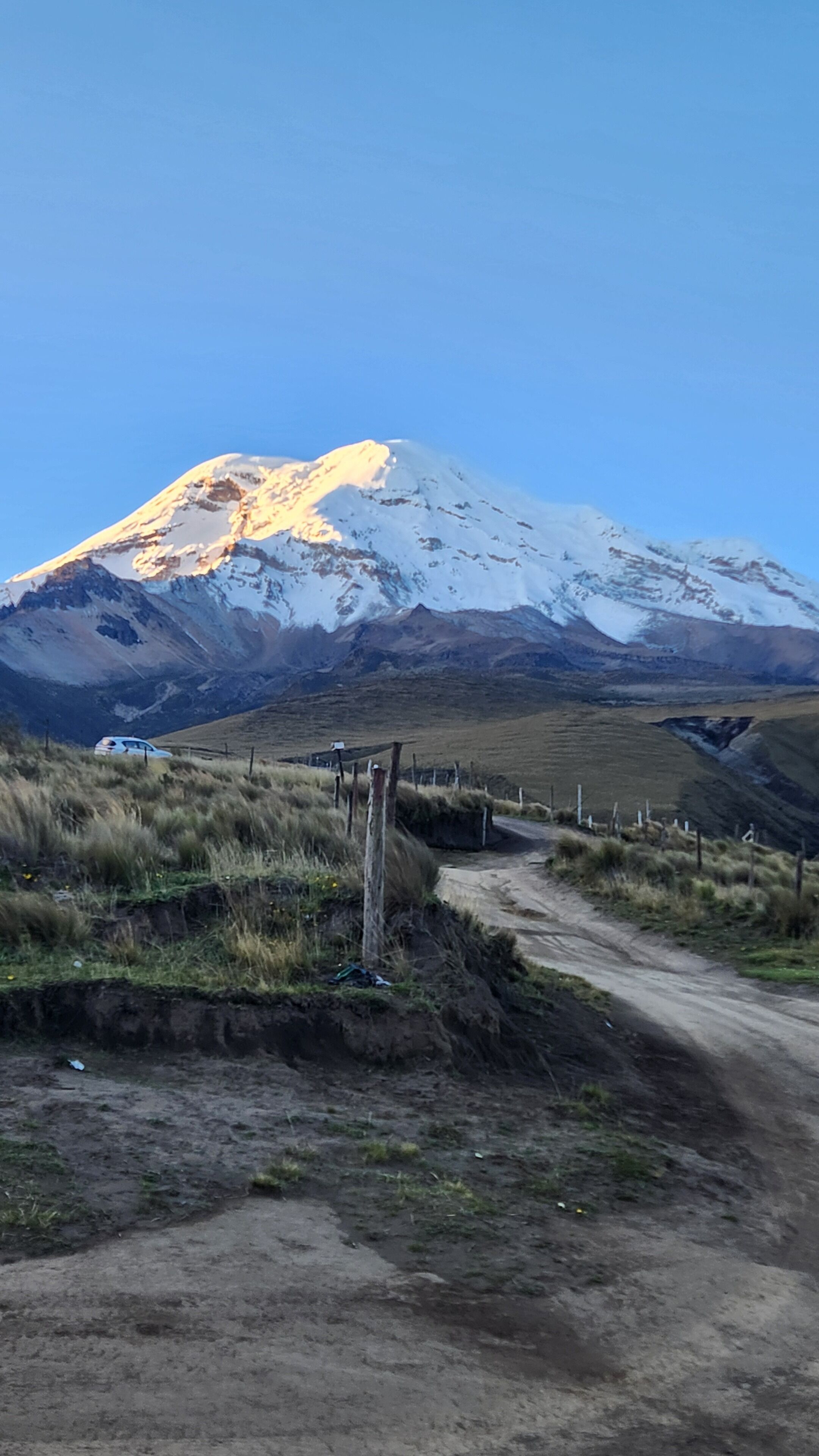 A snow-capped mountain, a dirt road, and sparse vegetation.