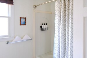 Hair dryer, towels, soap, toilet paper