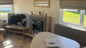 Una sala de estar con televisor, chimenea y zona de estar.