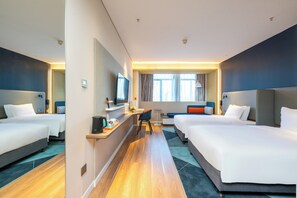 A hotel room with two beds, a desk, a chair, a TV, and a window with curtains. - Holiday Inn Express Xinji City Center an IHG Hotel (Shijiazhuang)