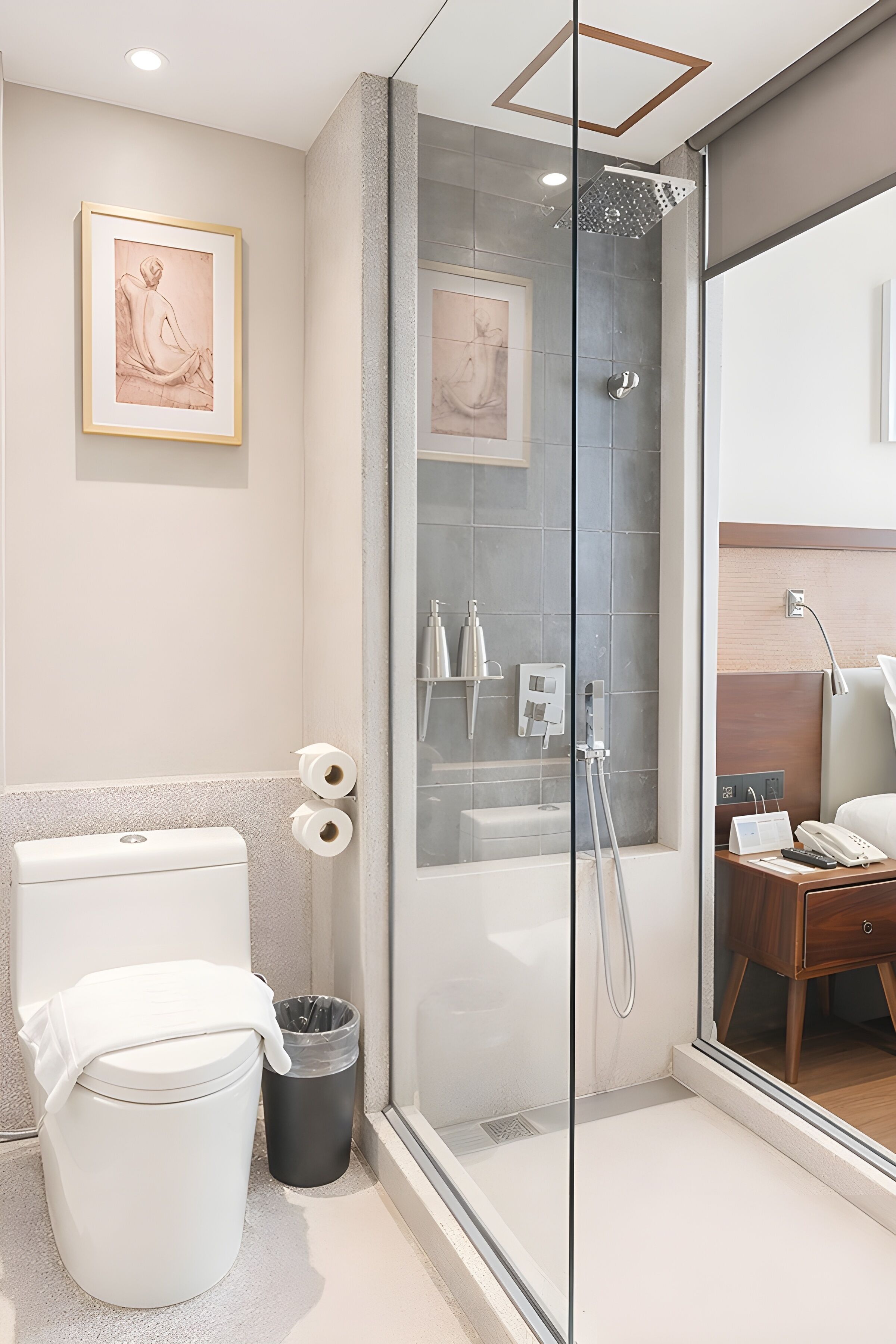 A modern bathroom with a glass-enclosed shower, a toilet, a trash bin, and a framed artwork on the wall.