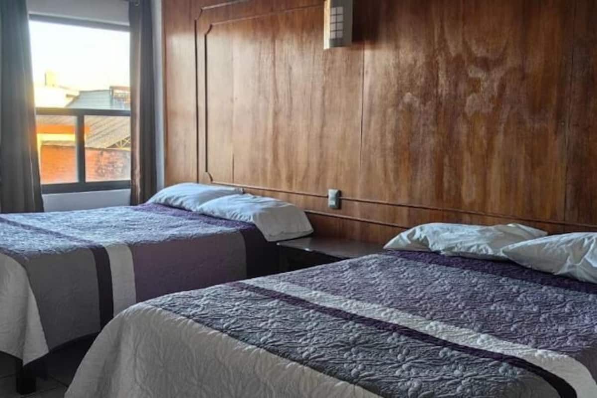 Dos camas con cabeceras, una ventana y una pared de madera.