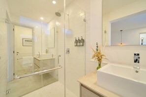 Shower, eco-friendly toiletries, hair dryer, towels