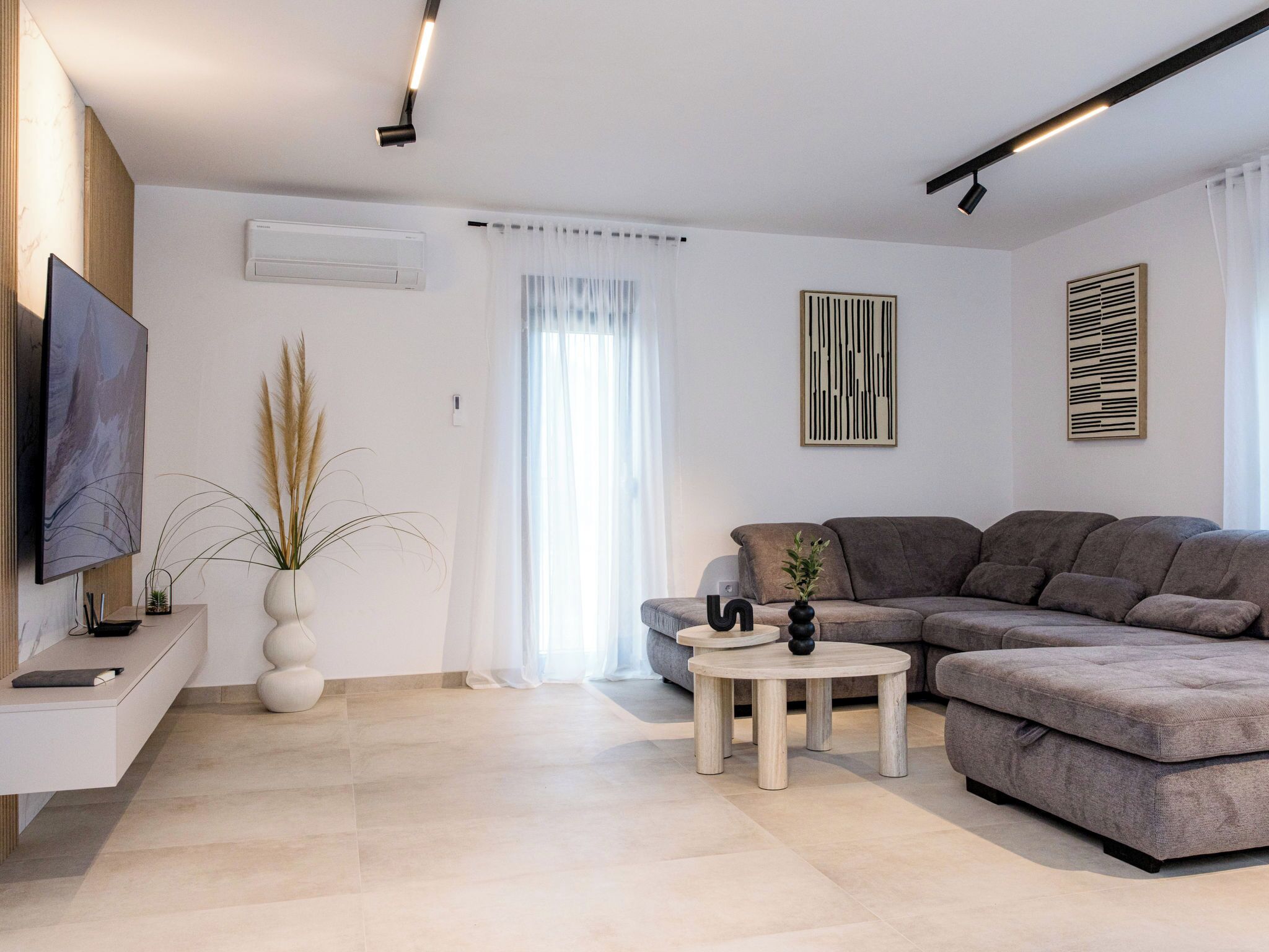 Un salon moderne avec un téléviseur à écran plat, un canapé gris, une table basse et une plante en pot.