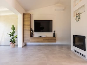 A modern living room with a flat-screen TV mounted on a wooden panel, a fireplace, and a potted plant. - The Baby Suite, modern and refined (Portoferraio)