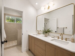 Shower, towels, soap, toilet paper