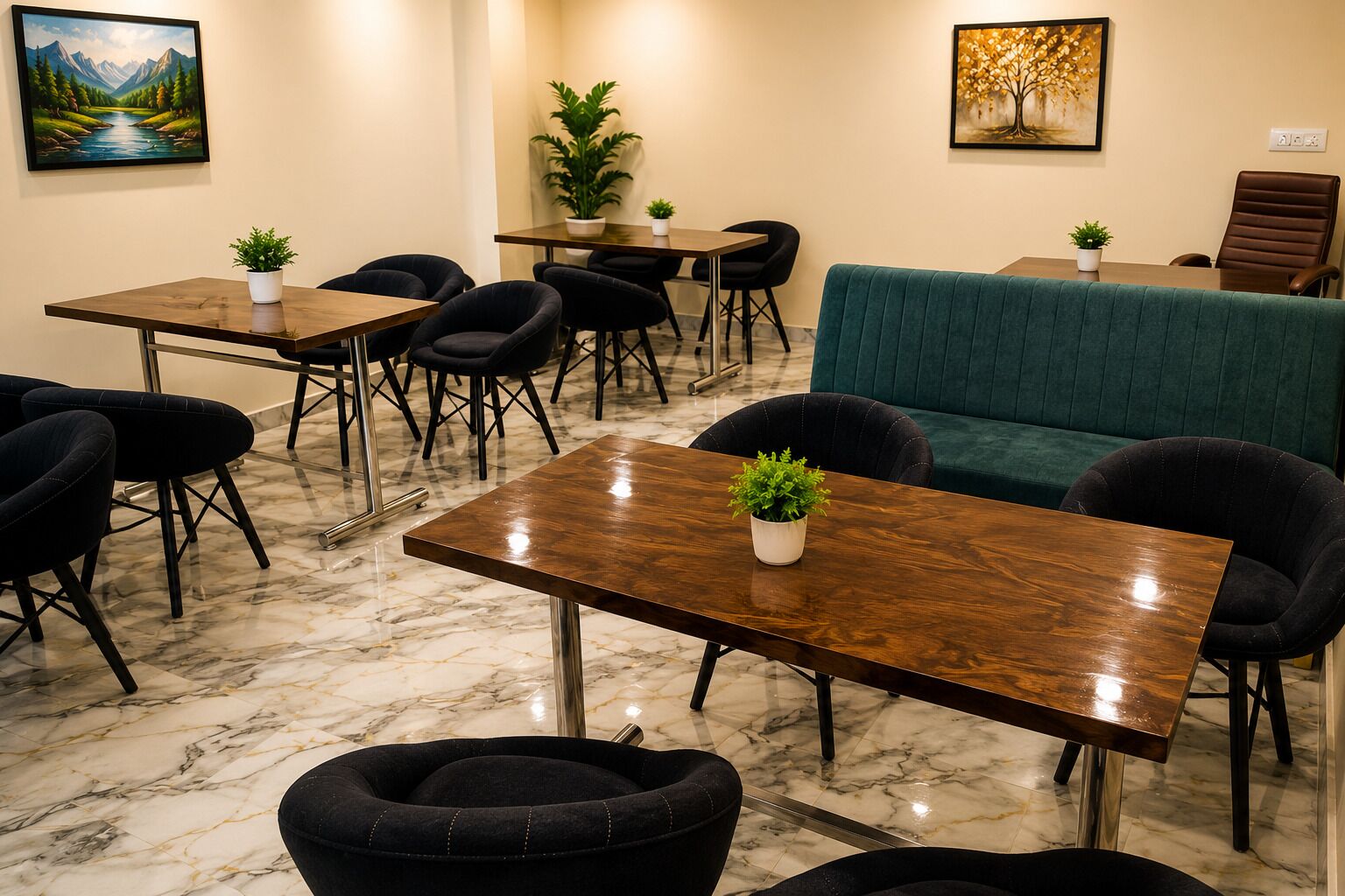Un salón de conferencias con piso de mármol, sillas negras, un sofá verde y dos mesas con plantas en macetas.