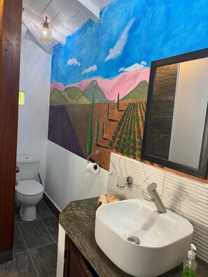 Shower, towels, soap, toilet paper