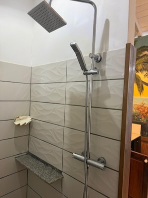 Regadera, toallas, jabón, papel de baño